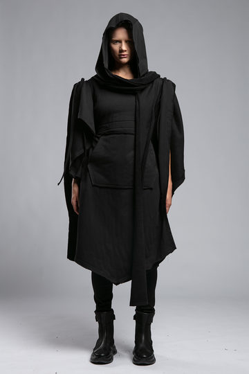 Womens Hooded Poncho with Attached Scarf - Black