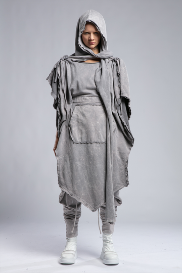 Womens Hooded Poncho with Attached Scarf - Grey