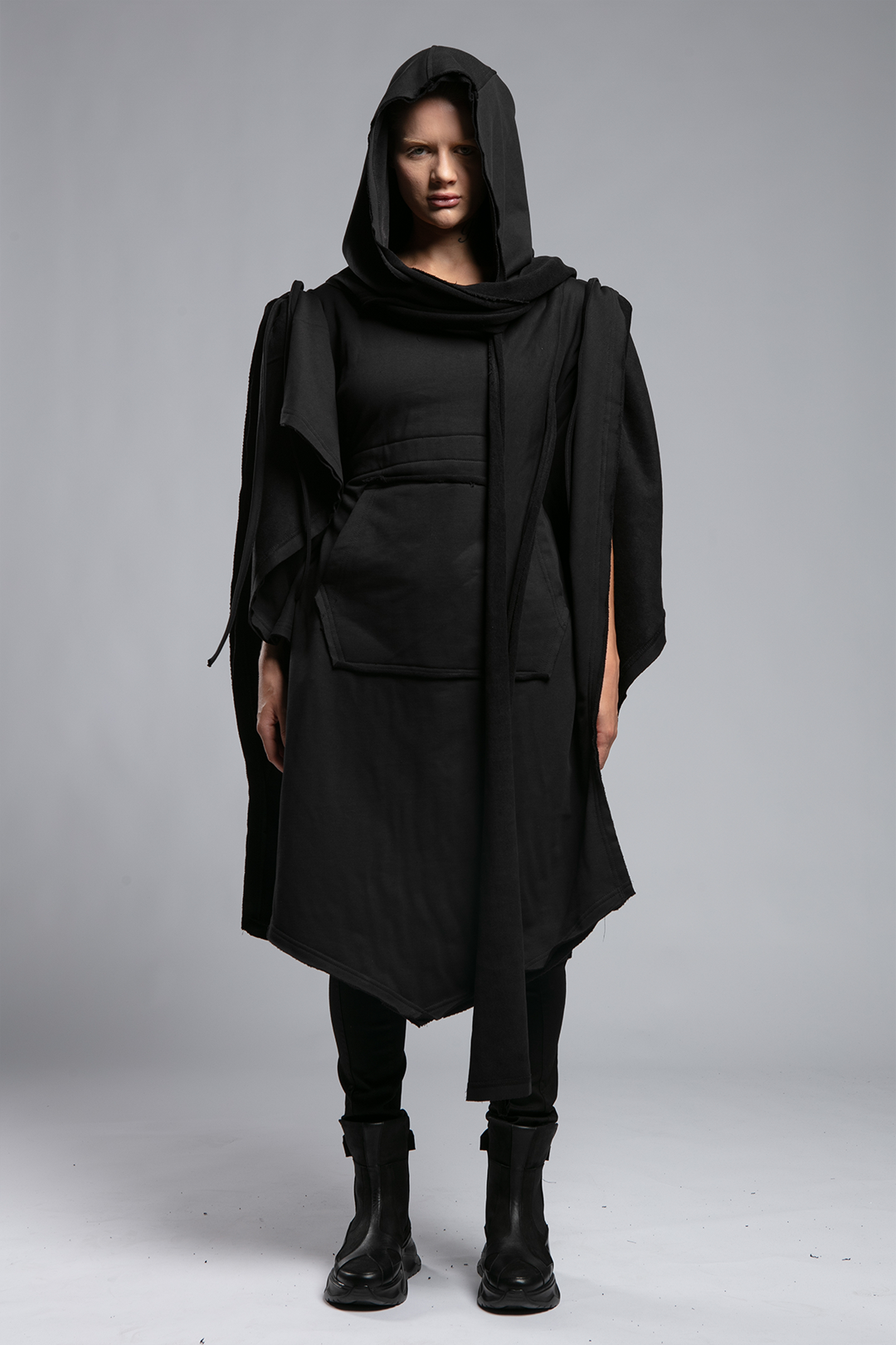 Womens Hooded Poncho with Attached Scarf - Black
