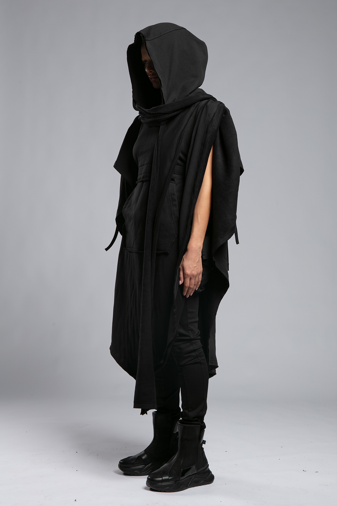 Womens Hooded Poncho with Attached Scarf - Black