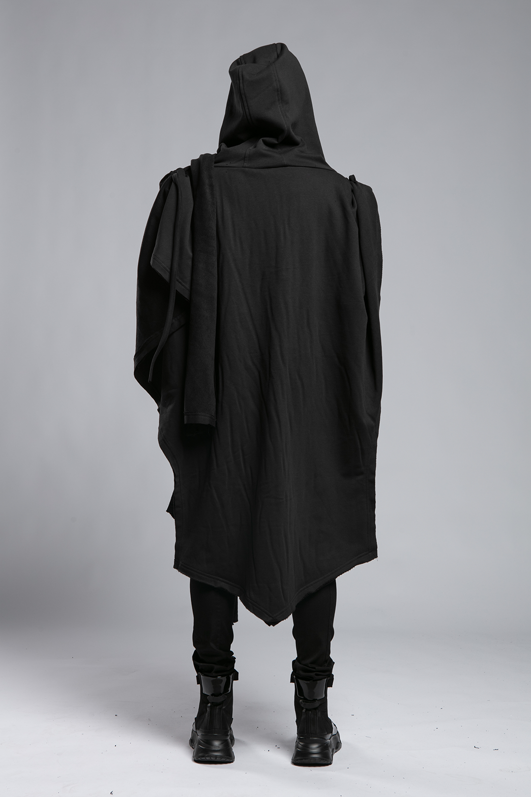 Womens Hooded Poncho with Attached Scarf - Black