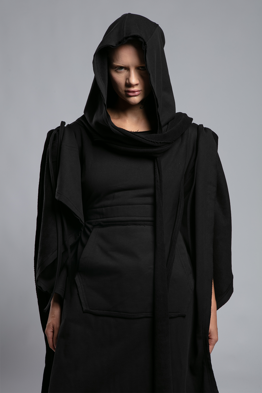 Womens Hooded Poncho with Attached Scarf - Black