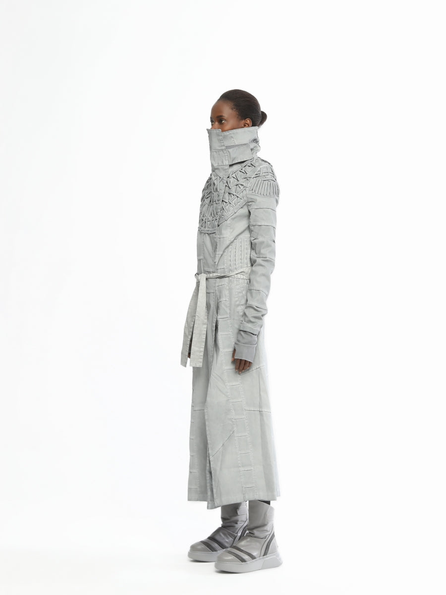 Long Women’s Jacket With Piping Embroidery On Top