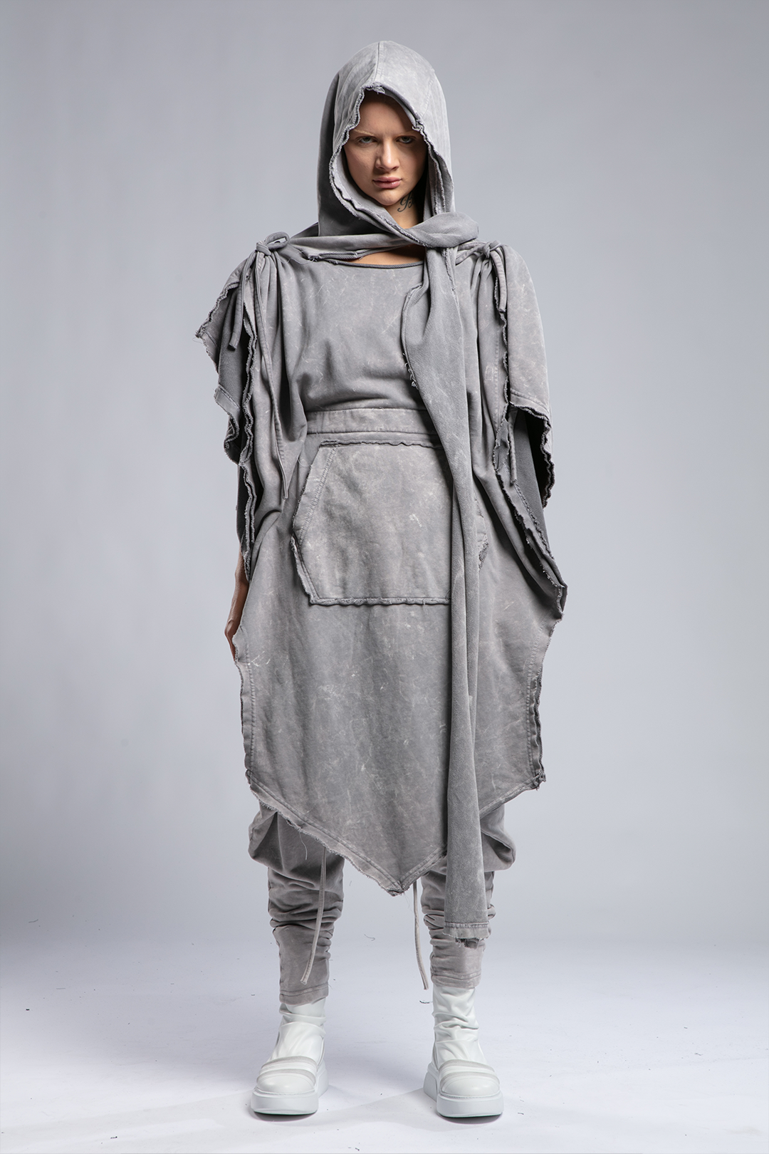 Womens Hooded Poncho with Attached Scarf - Grey