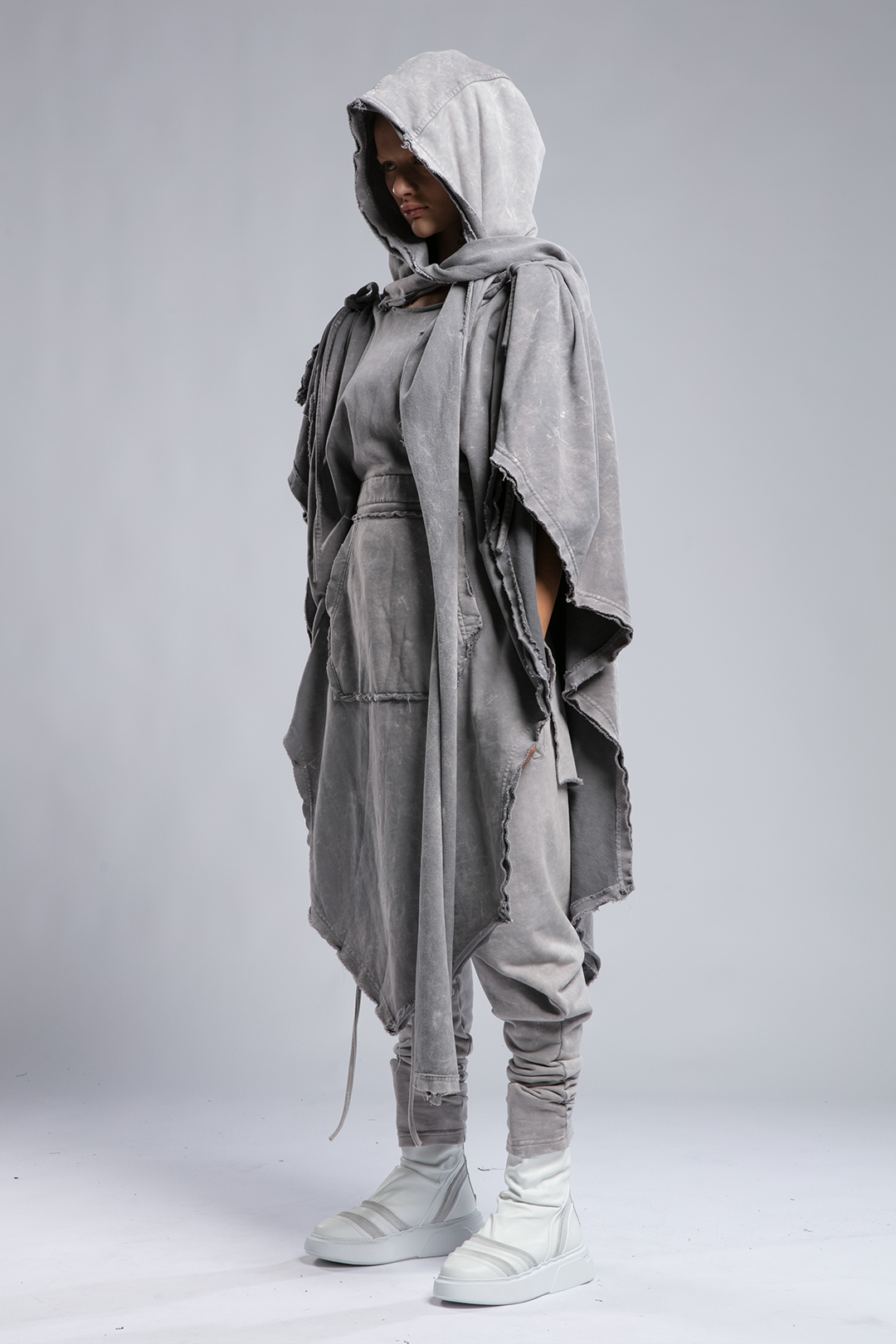 Womens Hooded Poncho with Attached Scarf - Grey