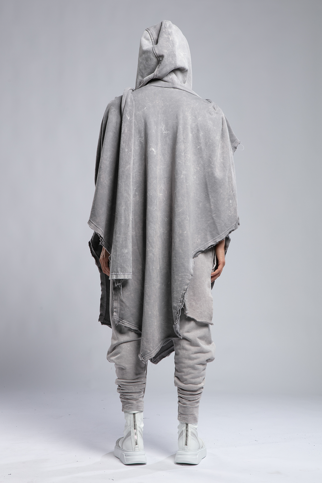 Womens Hooded Poncho with Attached Scarf - Grey