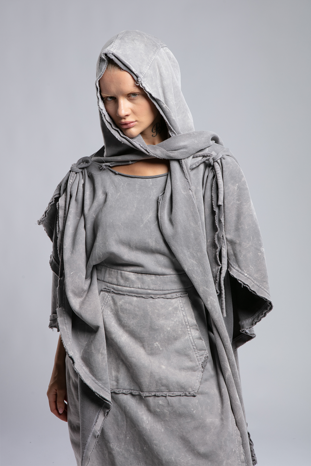 Womens Hooded Poncho with Attached Scarf - Grey
